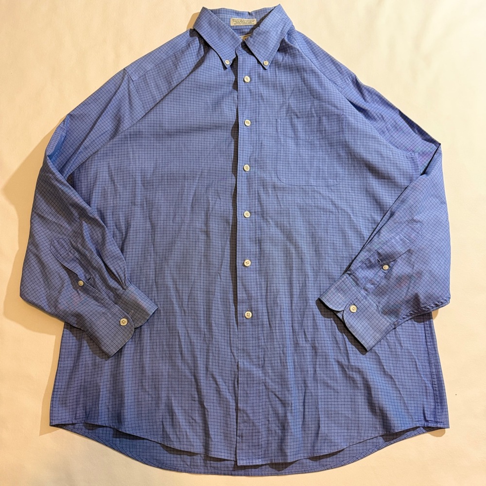LL Bean Button Down Shirt Mens 16 32 Blue Micro Grid Vintage 90s Long Sleeve
